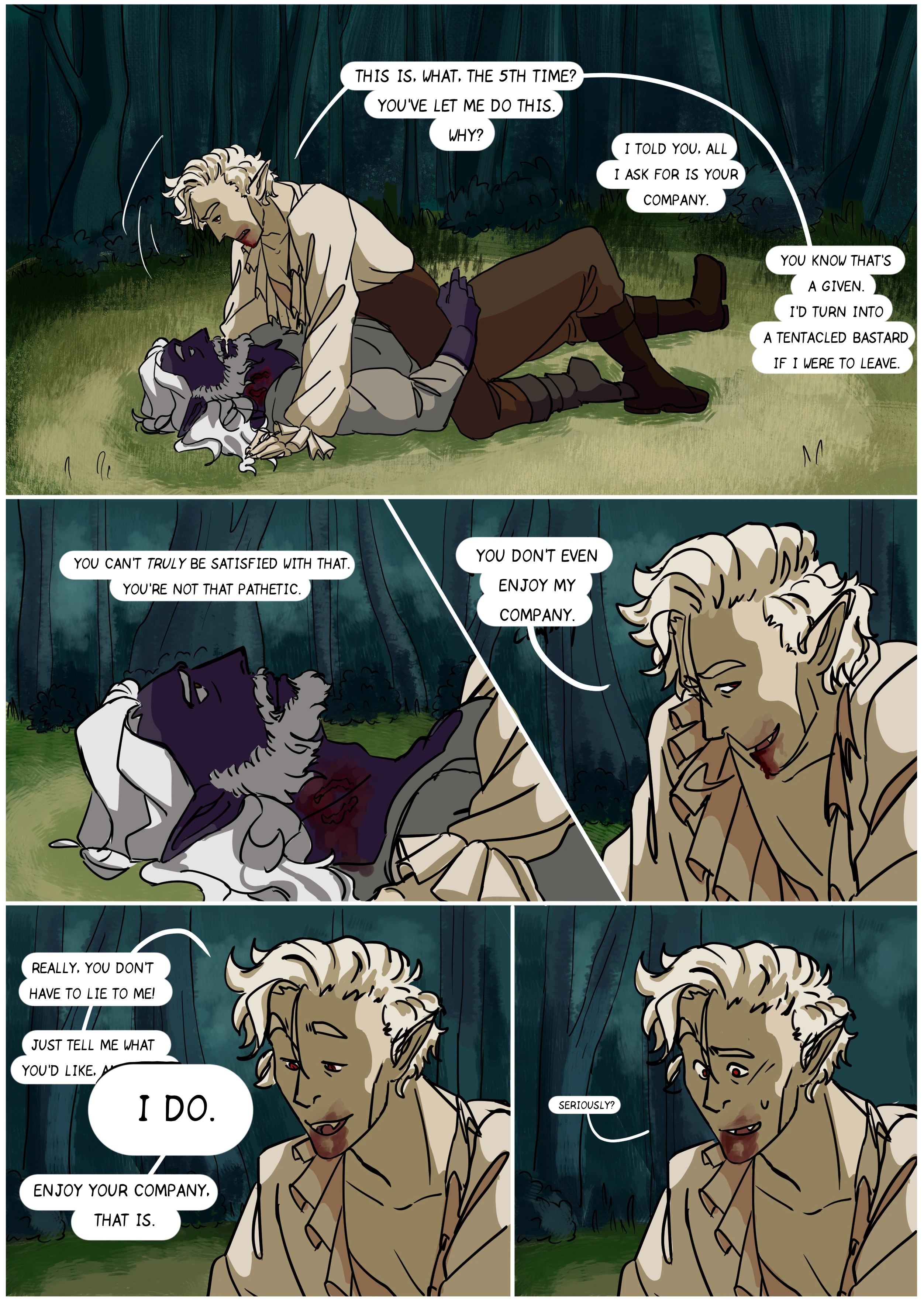 Page 4 of Love Bites - A short comic depicting Astarion, from Baldur's Gate 3, interacting with a strong looking half-drow man.